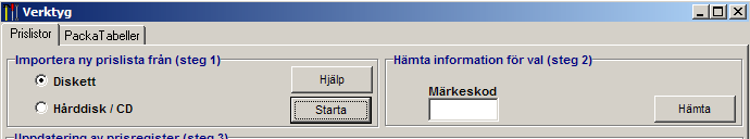 4.4.2 Steg 2 Kontroll fält-typer 1. Ange vilken märkeskod prisfilen avser om den inte automatiskt blir ifylld (framgår av etiketten på disketten eller CD-ROM skivan). 2. Klicka på Hämta.