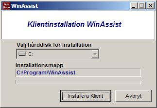 Vid enanvändar-installation rekommenderas att du väljer den föreslagna placeringen C: \Program\WinAssist. 6. Vid nätverksinstallation väljer du placering av installationen med knappen Browse. 7.