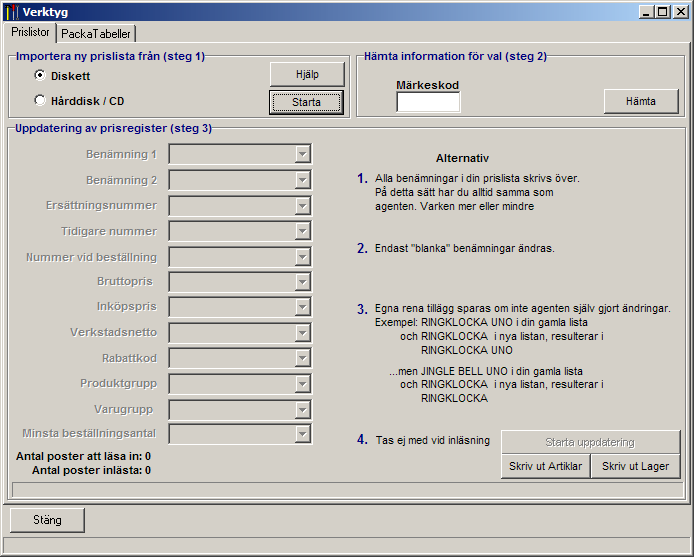 2. Nedanstående fönster öppnas. Inläsning och uppdatering av prisregister görs i 3 steg. 1. Steg1 läser in den information som finns på prisdisketten eller CD-ROM skivan till datorns hårddisk. 2.