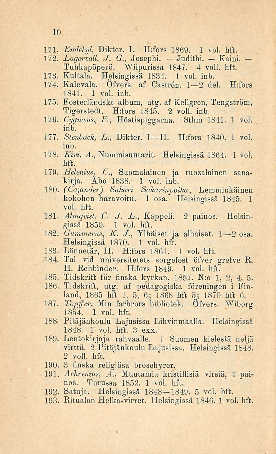 10 171 Emlekyl Dikter. I., H:fors 1869. 1 172 Lagervall, J. G., Joseph!. Judithi. Kain!. Tuhkapöperö. Wiipurissa 1847. 4 voll. hft. 178 Kultala. Helsingissä 1834. 174. Kalevala. Ofvers. af Castren.