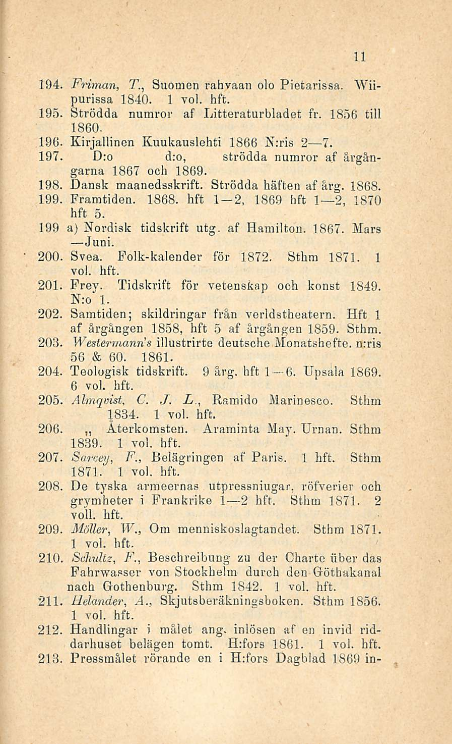194. Friman, T., Suomen rahvaan 010 Pietarissa. purissa 1840. 1 195. Strödda numror af Litteraturbladet fr. 1856 tili 1860. 196. Kirjallinen Kuukauslehti 1866 N:ris 2 7. 197.