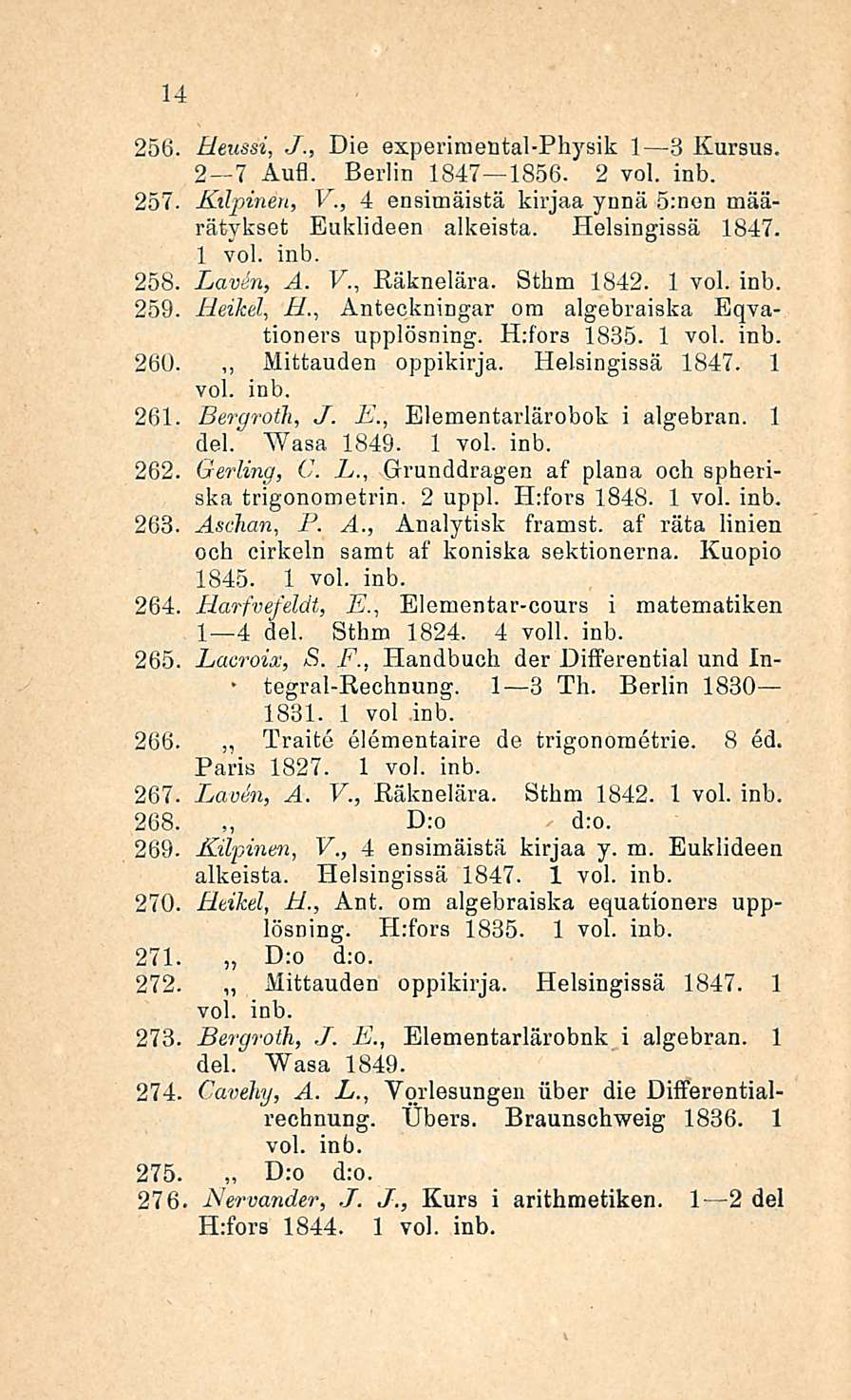 14 256. 257. 258. 259. 260. 261. 262. 263. 264. Heussi, J Die experimental-physik I B1 8 Kursus. 2 7 Aufl. Berlin 1847 1856. 2 Kilpinen, V.