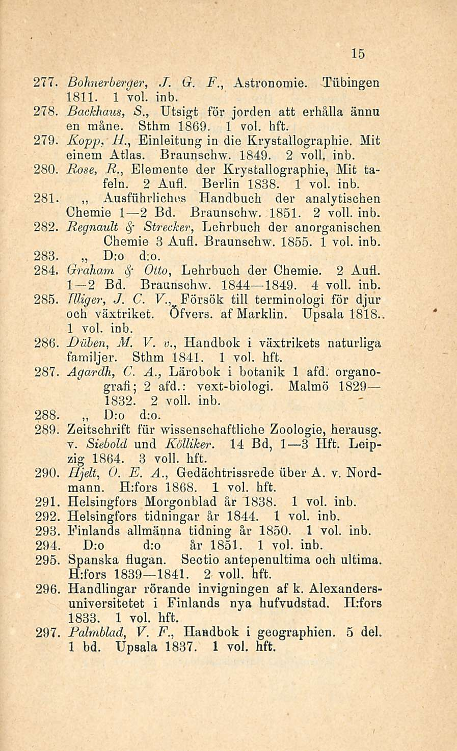 15 277. Bohierberger, J. G. F Astronomie. Tiibingen 1811. 278. Backhaus, S., Utsigt för jorden att erhålla ännu en måne. Sthm 1869. 1 279. Kopp, H., Einleitung in die Krystallographie.