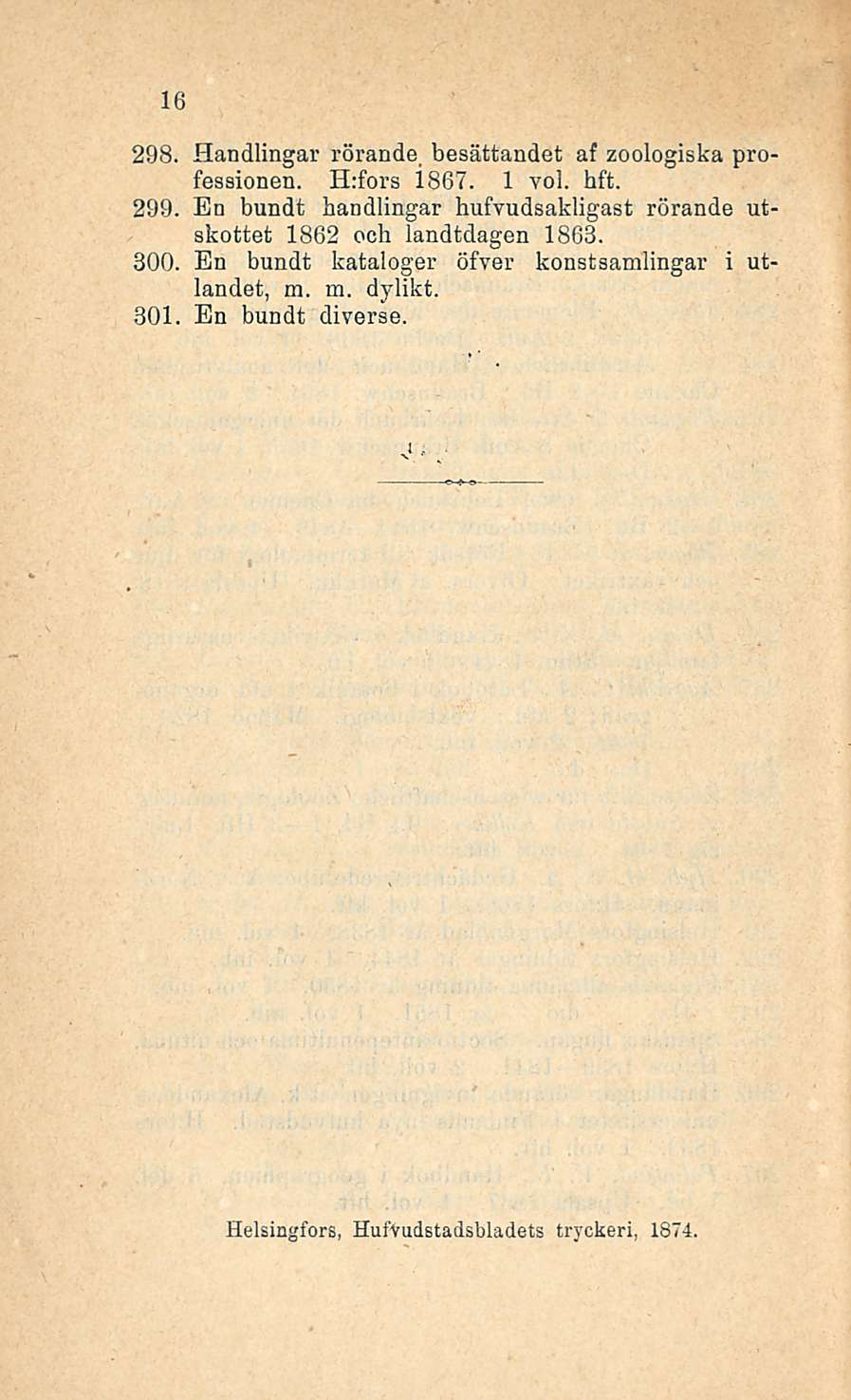 16 298. Handlingar rörande besättandet af zoologiska professionen. H:fors i867. 1 299.