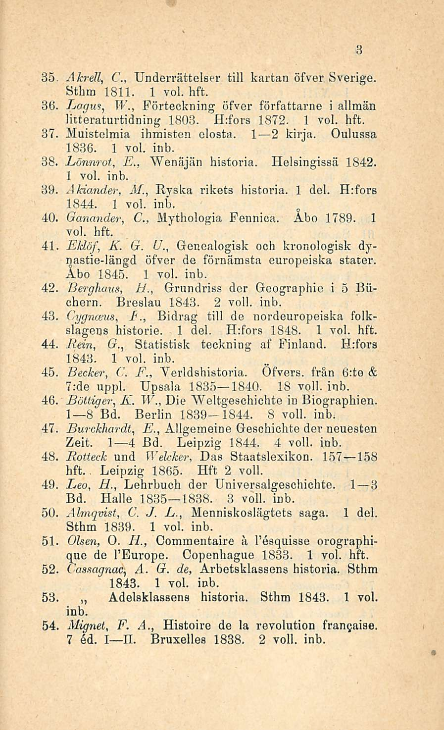 35 AkreU, C., Underrättelser tili kartan öfver Sverige. Sthm 1811. 1 3(3 Lagus, W., Pörteckning öfver författarne i allmän litteraturtidning 1803. H;fors 1872. 1 37 Muistelmia ihmisten elosta.
