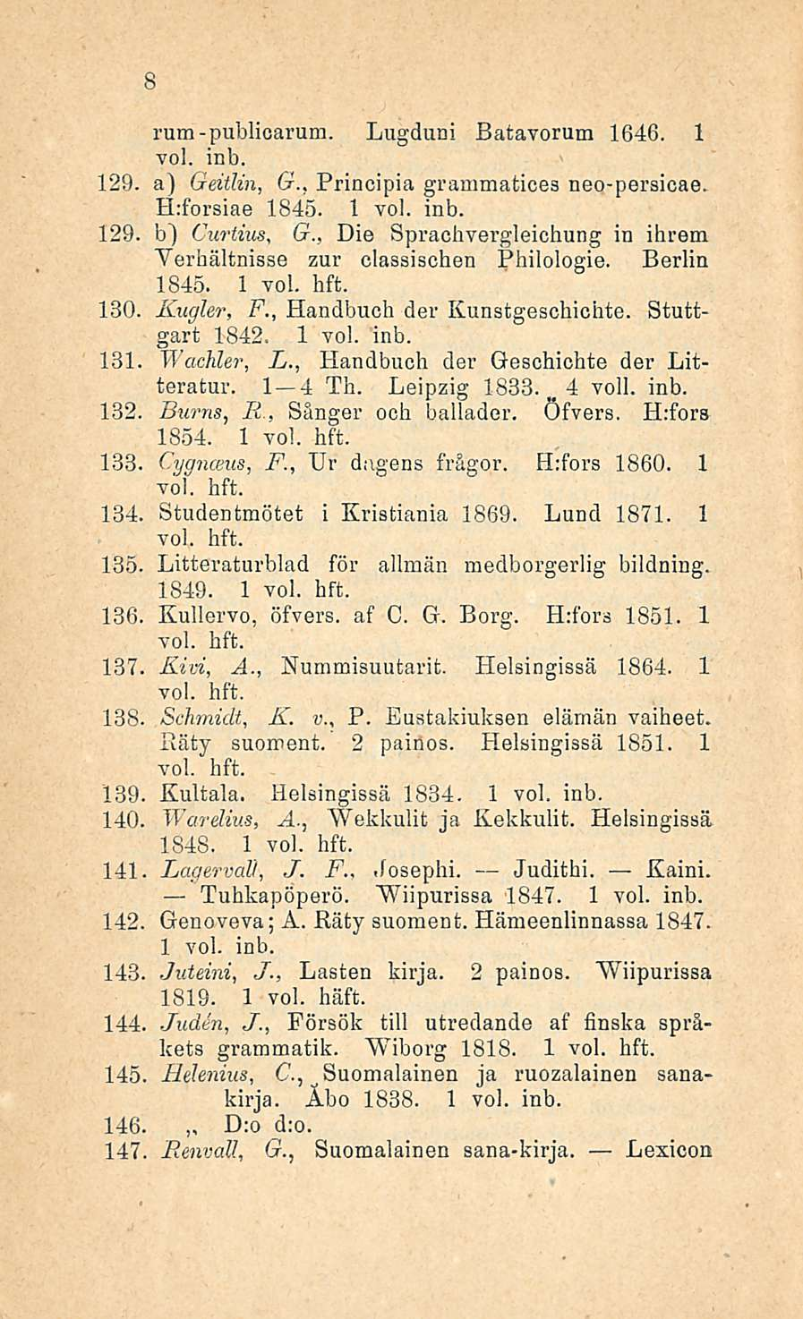 4 8 rum-publioarum. Lugduni Batavorum 1646. 1 129. a) Geitlin, G., Principia grammatices neo-persicae. H:forsiae 1845. 129. b) Curtius, G.