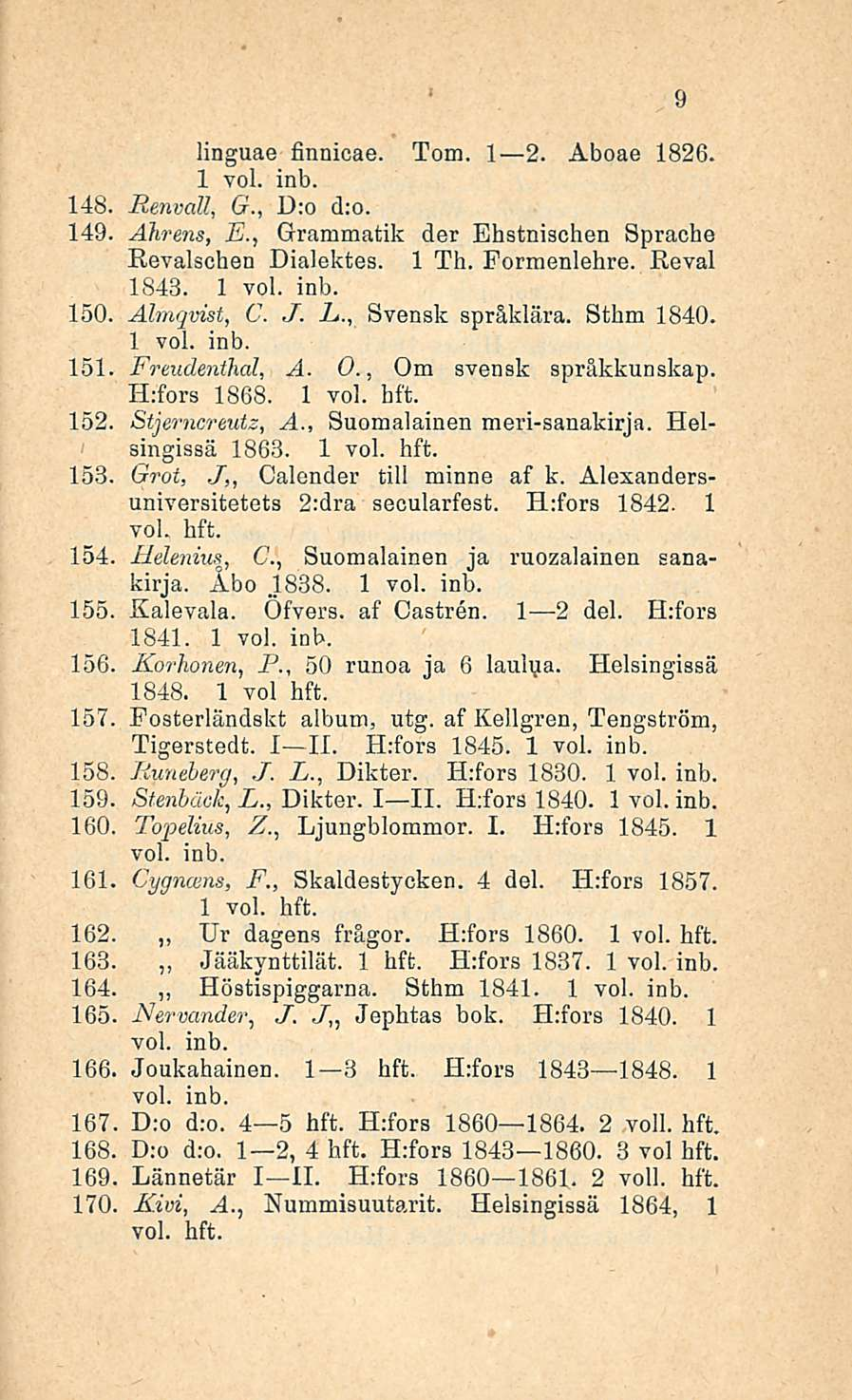 linguae finnicae. Tom. I 2. Aboae 1826. 148. Renvall, G., D:o d;o. 149. Ahrens, E., Grammatik der Ehstnischen Sprache Kevalschen Dialektes. 1 Th. Pormenlehre. Reval 1843. 150. Almqvist, C. J. E., Svensk spräklära.