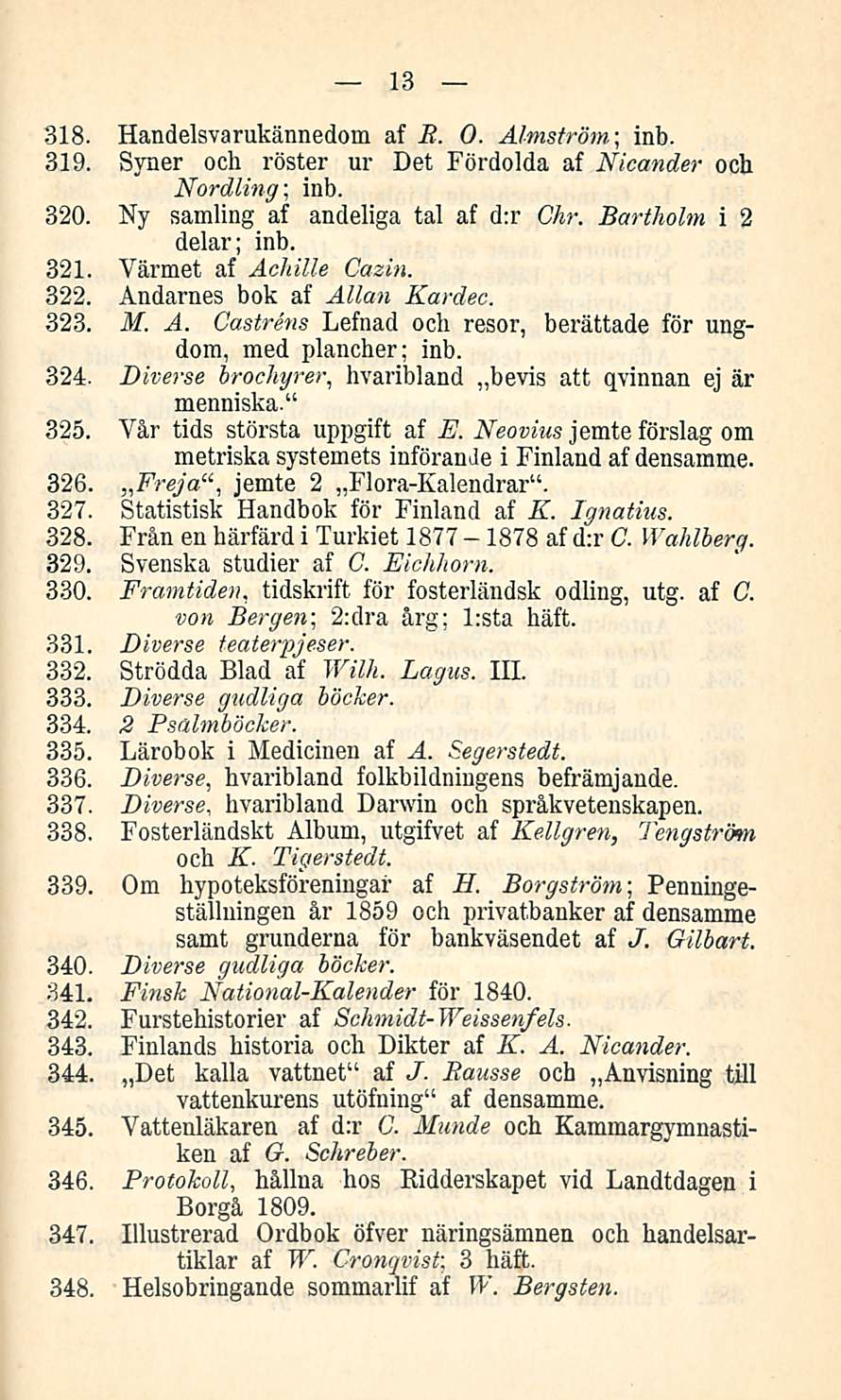 13 318. Handelsvarukännedom af B. O. A/mström; inb. 319. Syner och röster ur Det Fördolda af Nicander och Nordling; inb. 320. Ny samling af ancleliga tai af d:r Chr. Bartholm i 2 delar; inb. 321.