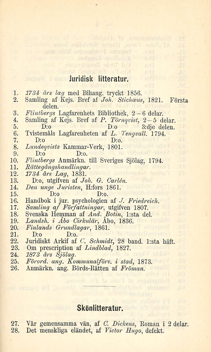 luridisk litteratur. 1. 1734 års lag med Bikang, tryckt 1856. 2. Samling af Kejs. Bref af Joh. Stichceus, 1821. Första delen. 3. Flintberys Lagfarenhets Bibliothek, 2-6 delar. 4. Samling af Kejs. Bref af P.