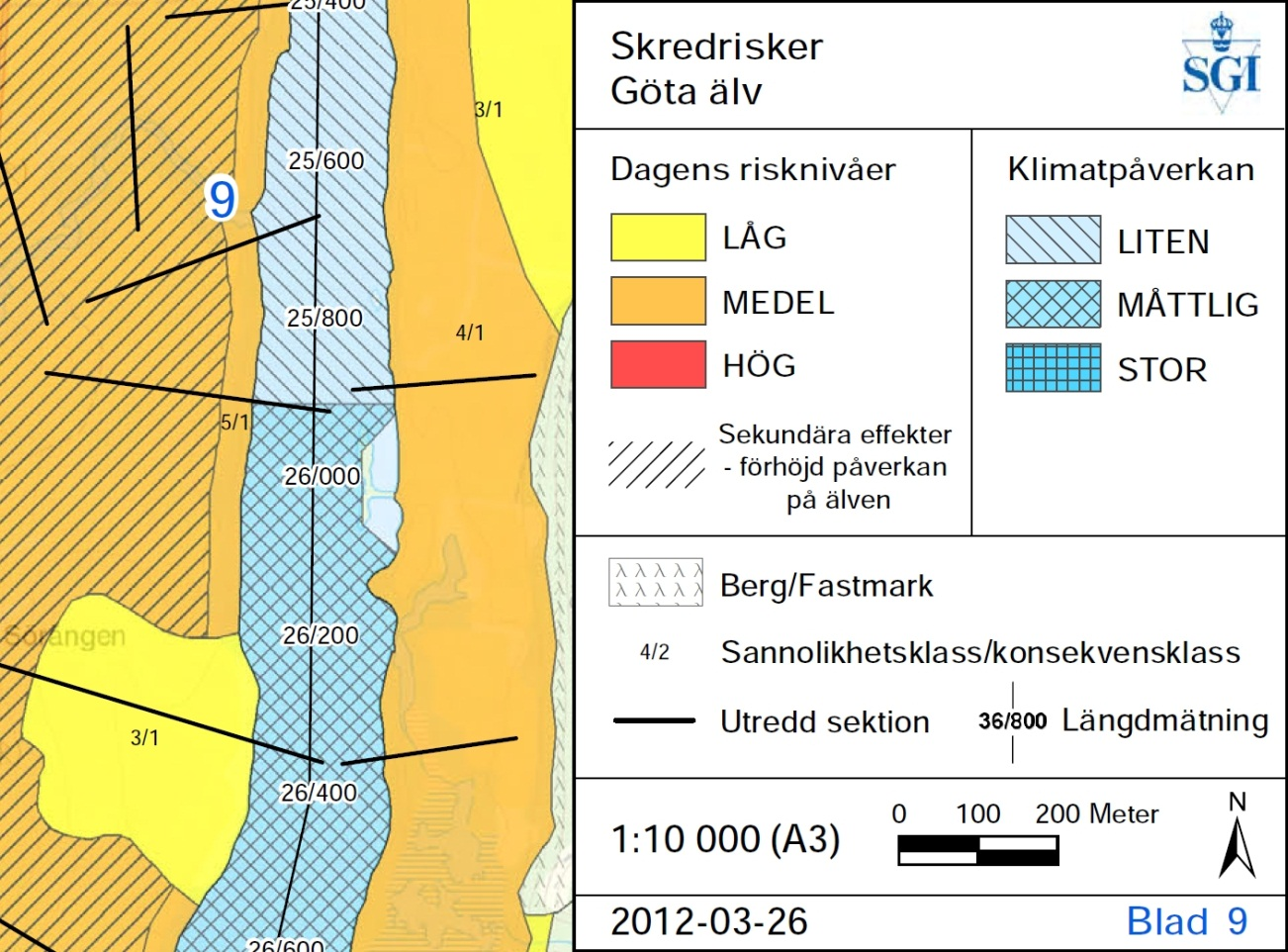 Figur 5: I GÄU markerades förändringen av skredrisk direkt på älven som Liten, Måttlig eller Stor