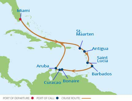 Inga krav, bara vara. Kryssningen går från Florida och vi upplever St. Maarten Antigua St. Lucia Barbados Bonaire Curacao Aruba.