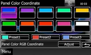 1 Tryck på [Color] på skärmen Display Menu. Skärmen Color visas. Recall Hämtar sparade inställningar. 2 Tryck på [SET] under [Panel Color Coordinate]. Memory Sparar de aktuella inställningarna.