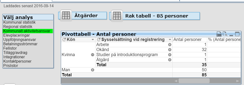 Kommunalt aktivitetsansvar Pivottabell Antal personer Ny tabell i analysen för