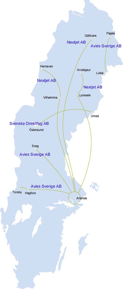 Bakgrund Trafikverket har idag följande sju upphandlade flyglinjer: Lycksele - Arlanda Gällivare - Arlanda Pajala - Luleå Östersund - Umeå Hemavan - Vilhelmina - Arlanda Torsby - Hagfors - Arlanda