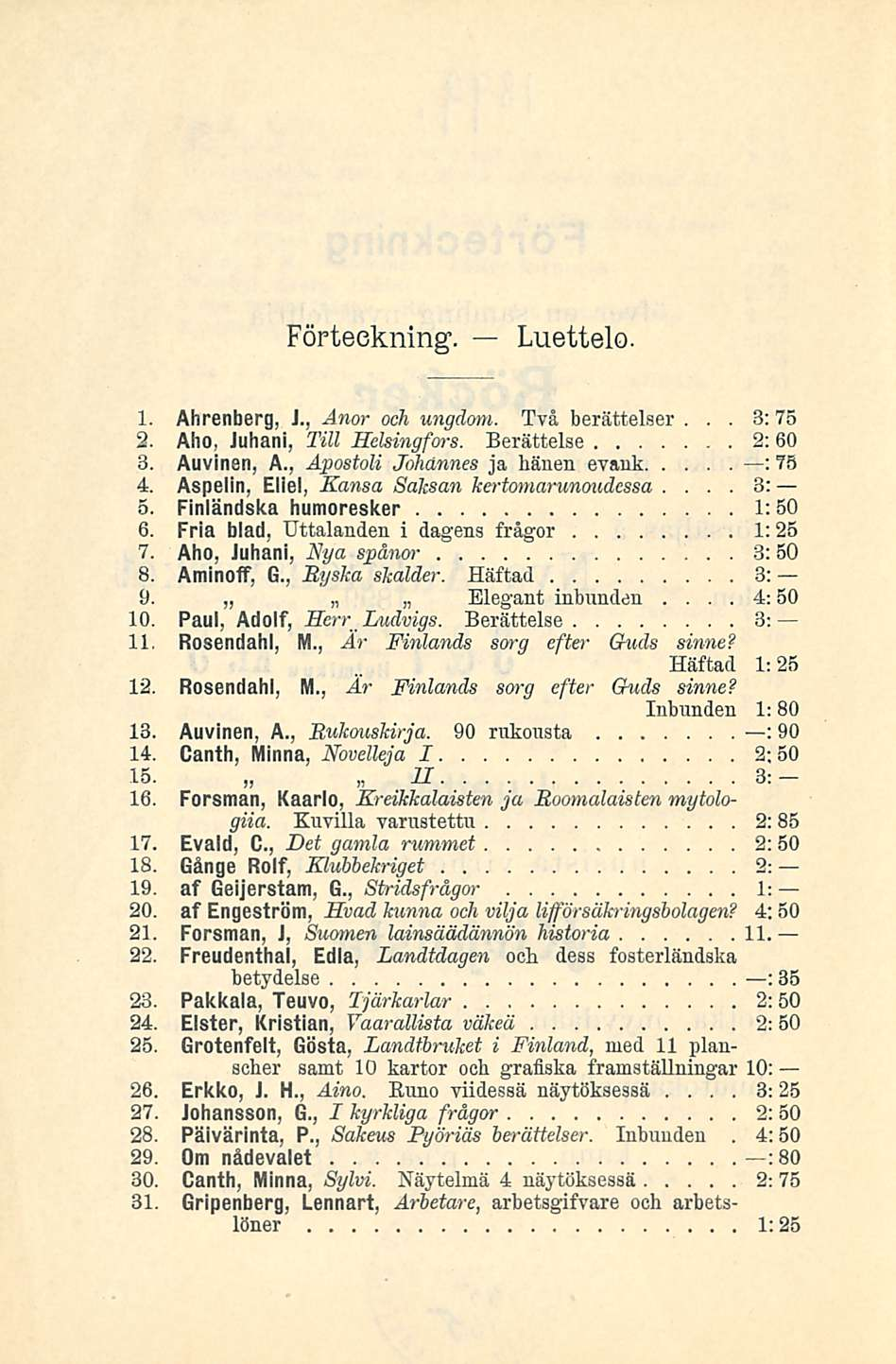 3: 3: Förteckning Luettelo 1 Ahrenberg, J, Anor och ungdom Två berättelser 75 2 Aho, Juhani, Tili Helsingfors Berättelse 2: 60 3 Auvinen, A, Apostoli Johannes ja hänen evank : 7B 4 Aspelin, Eliel,