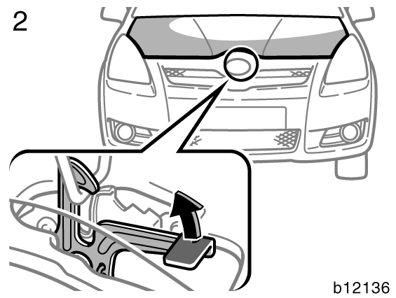 Ställ dig framför bilen, dra upp spärren och lyft upp huven.