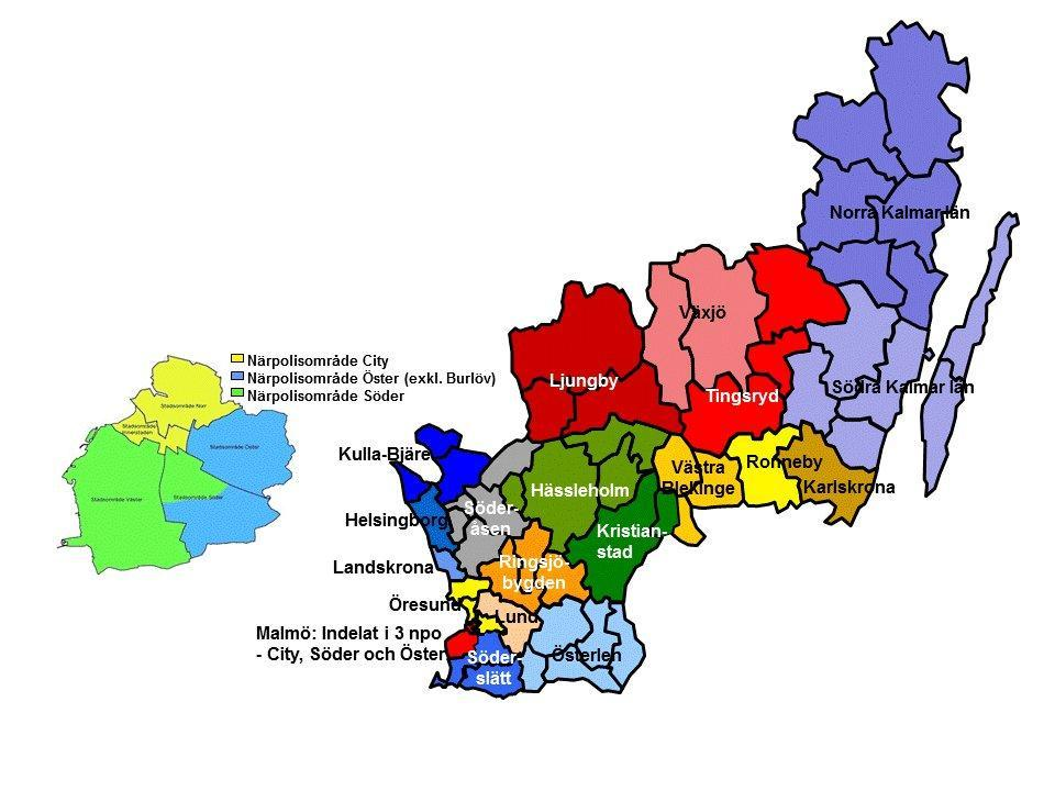 DELRAPPORT 13 (79) Karta 1- Regions Syds nuvarande indelning i närpolisområden De demografiska förhållandena inom regionen varierar stort vad gäller befolkningens fördelning/koncentration, storlek,