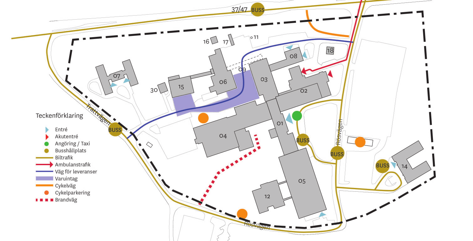 Förutsättningar N PARKERING PARKERING 2.5 Trafik och angöring Sjukhusområdet angörs i huvudsak i nordost via Rösvägen.