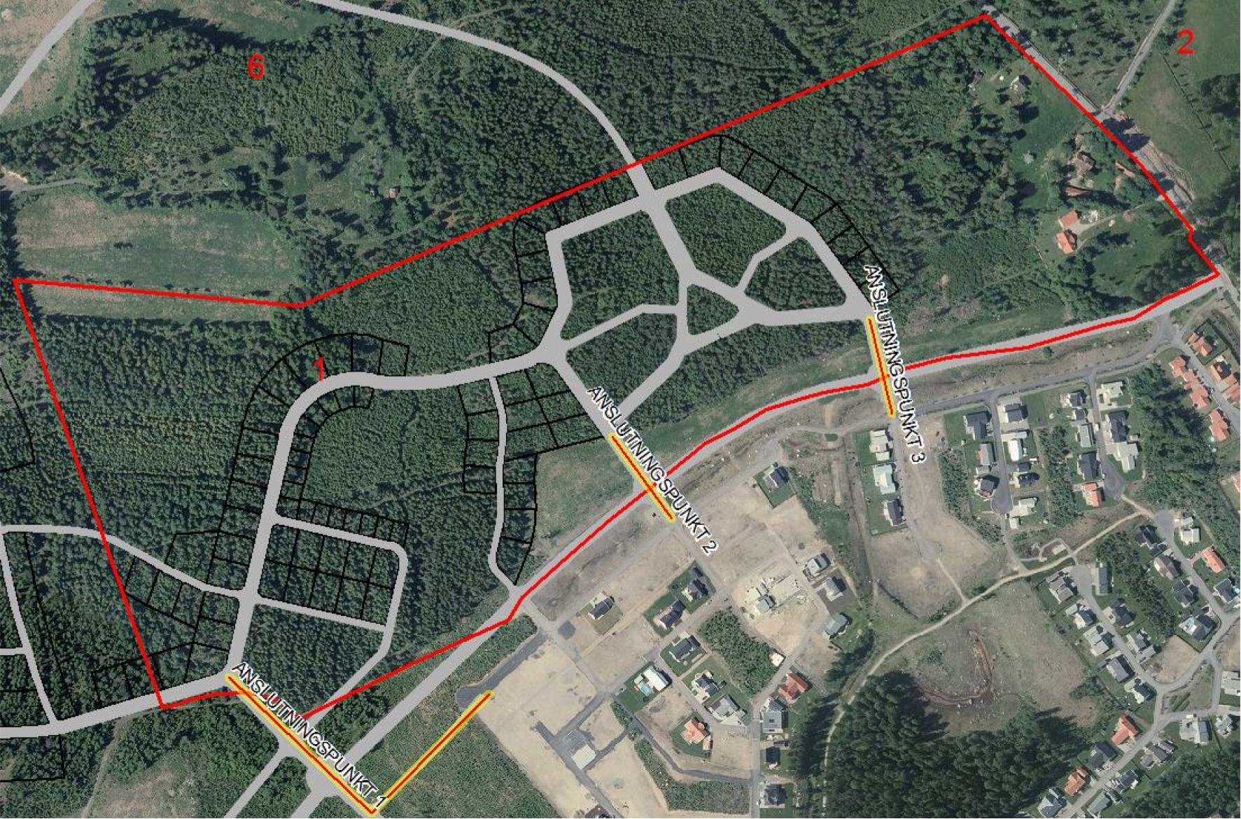 2.3 Vatten och avlopp - anslutningspunkter Figur 7. Angivna anslutningspunkter för vatten och avlopp (gulröda linjer).