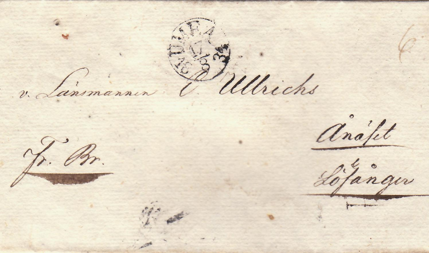 Fribrev med allmänna posten skrivet i Umeå 17 augusti 1834.