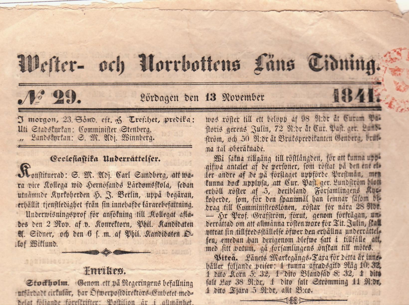 Wester- och Norrbottens Läns Tidning 13 november 1841 Den första tidningen i nordligaste Sverige.