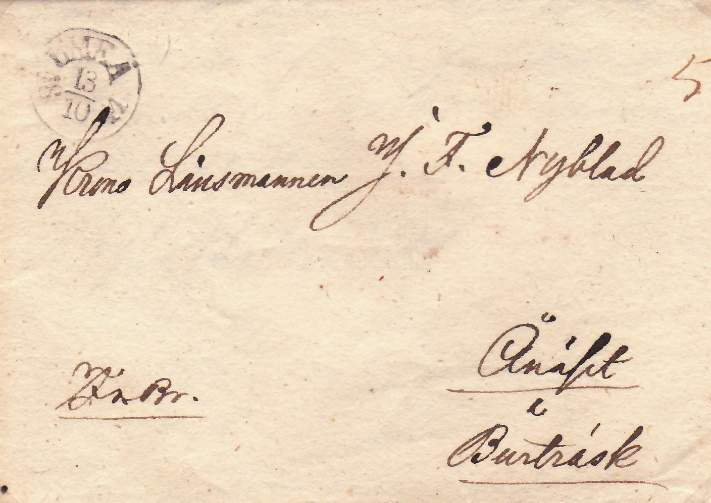 Fribrev med allmänna posten skrivet i Umeå 13 oktober 1841 Nst 6 typ 4 bågstämpel, Karteringsnummer 5,