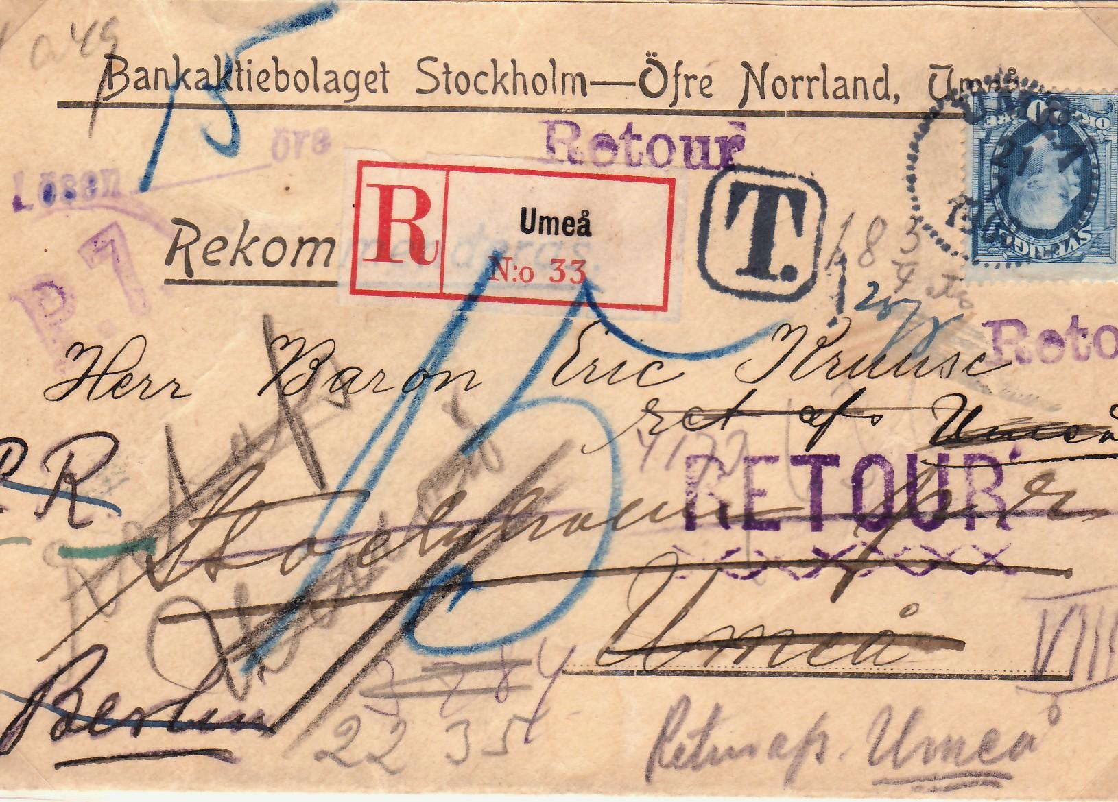 Rekbrev Umeå 21 juli 1908 till Tyskland Brevet har