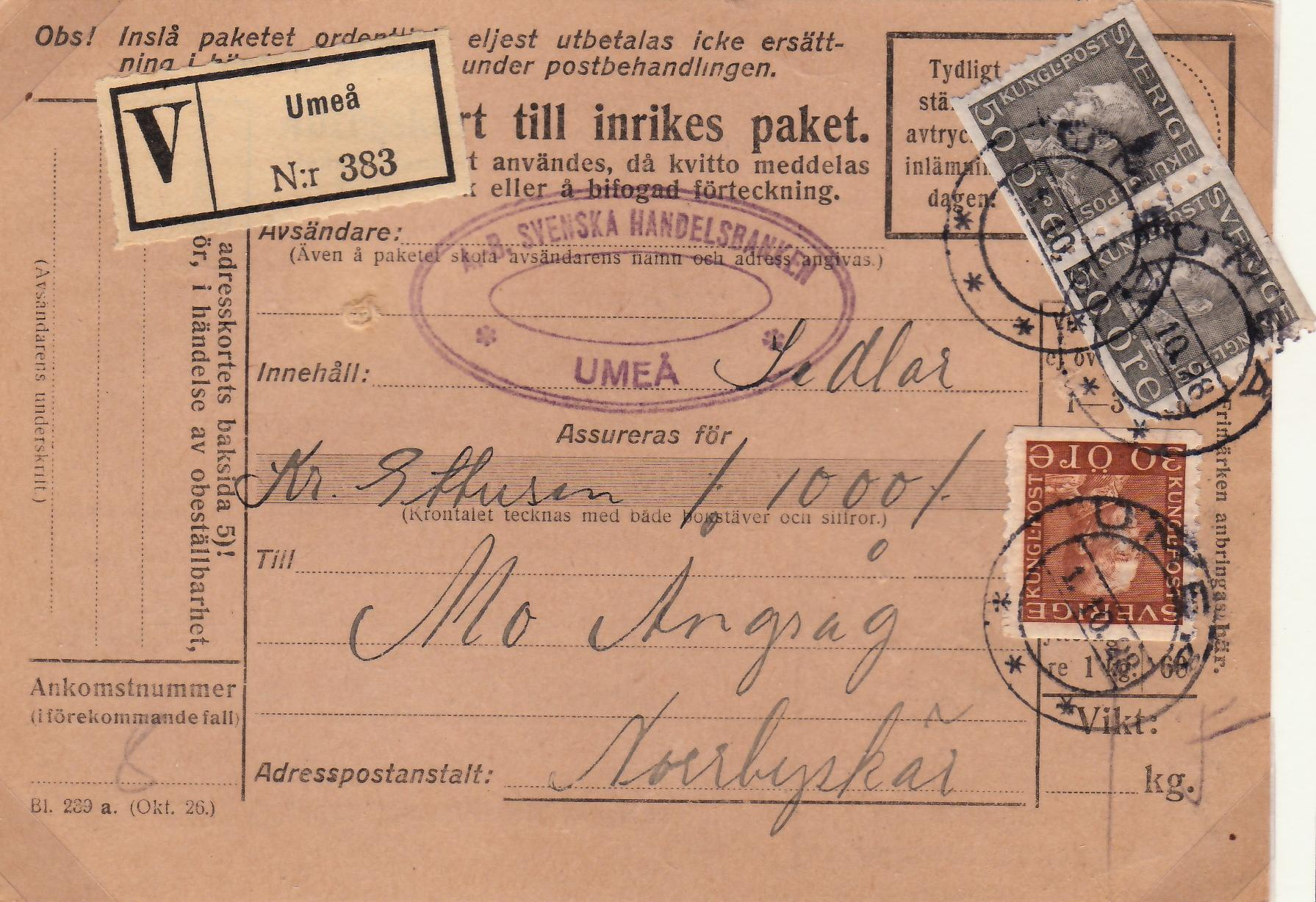 Assurerat paketkvitto Umeå 1 oktober 1928 Paket till