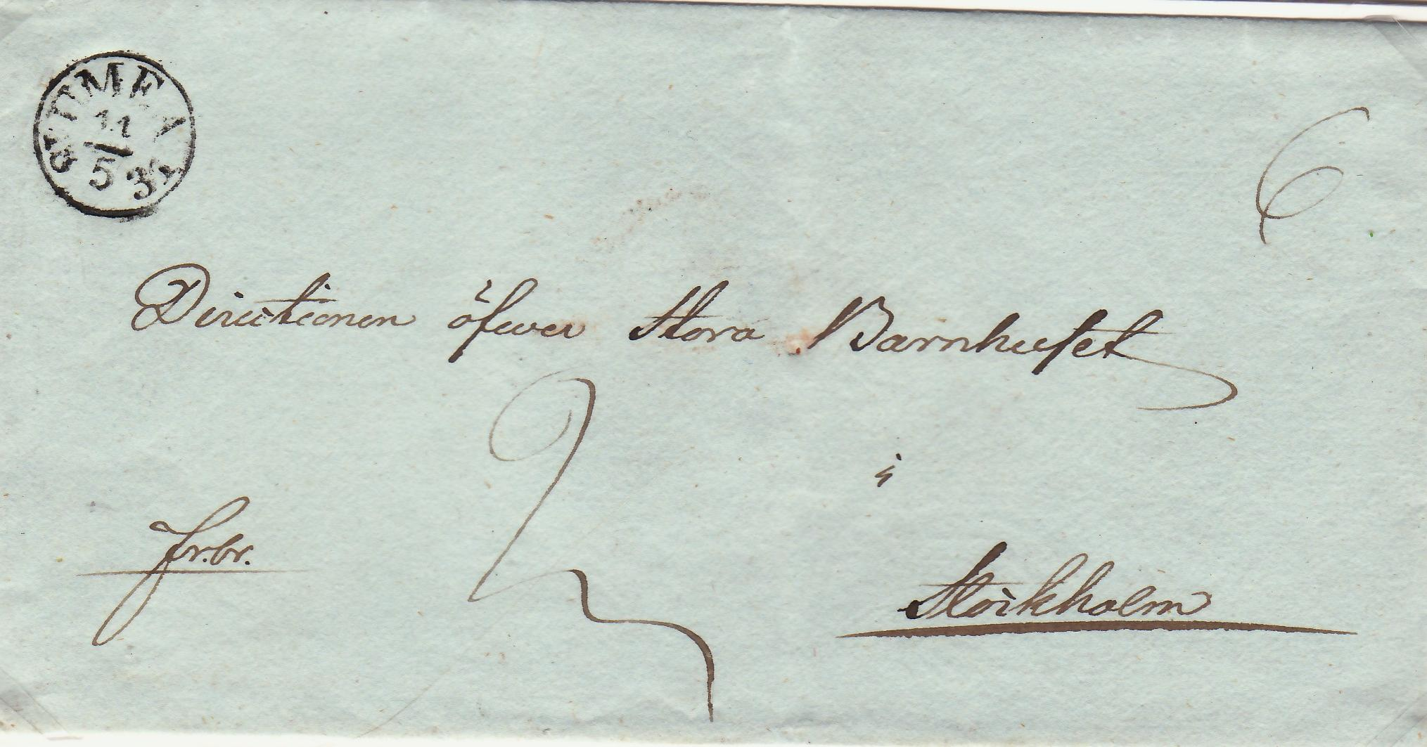 Fribrev med allmänna posten skrivet i Umeå 11 maj 1831 Nst 6