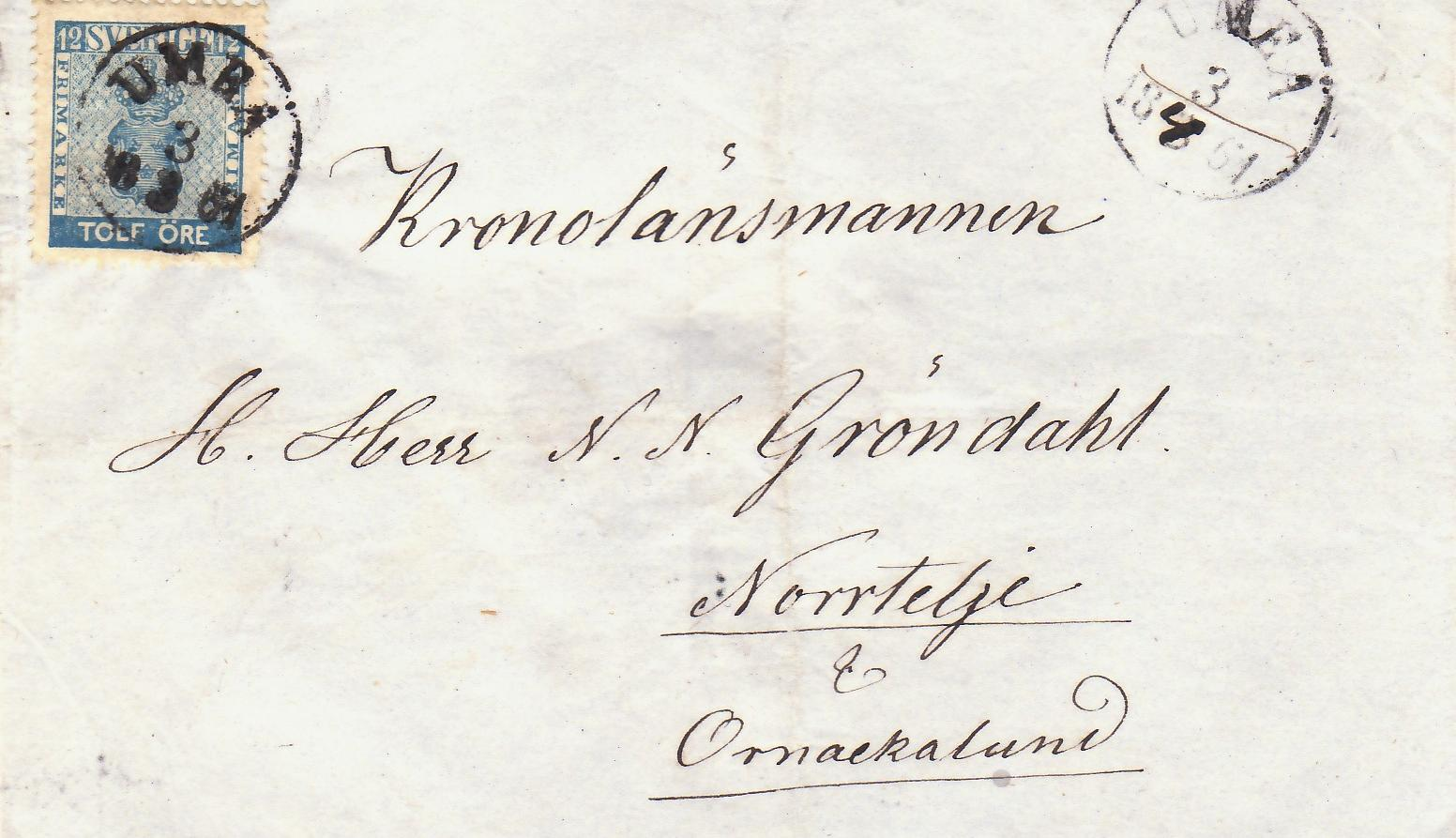 Fribrev med allmänna posten skrivet i Umeå 3 mars 1861 Nst 6 typ 2