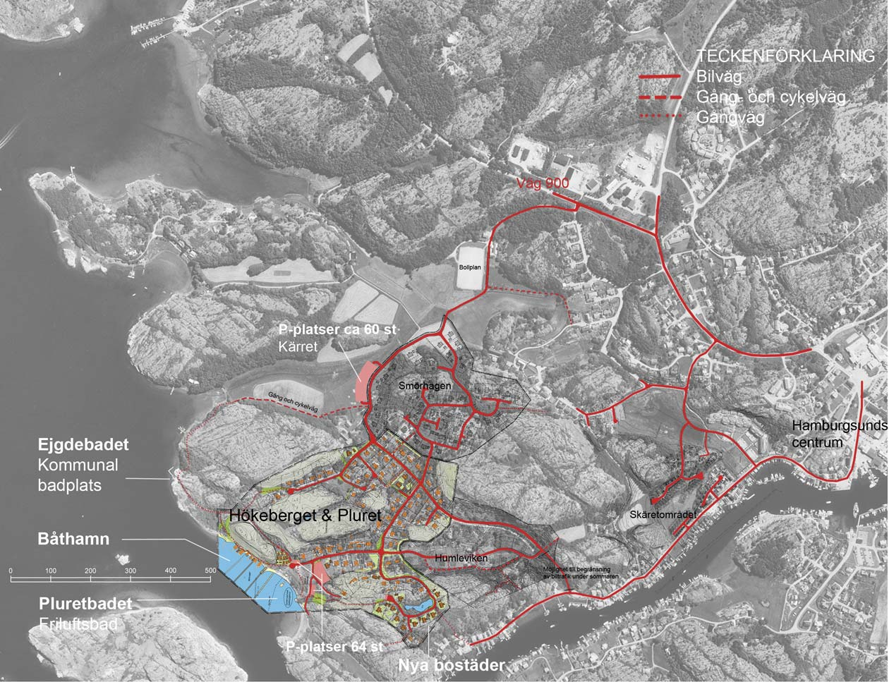 Översiktskarta med vägstrukturer och angränsande planområden en svarar för och bekostar iordningsställandet av vägen till de planerade nya tomterna på Hökeberget med den standard som anges i