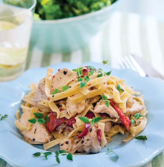 KRÄMIG KYCKLINGPASTA MED SOLTORKAD TOMAT RECEPT Ca 0 min 00 gram pasta Ca 600-700 gram kycklinginnerfilé/ kycklingbröst Olivolja* gul lök 2 vitlöksklyftor ½ burk soltorkade tomater, ca 0 gram msk