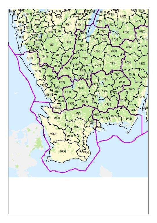 Län: Kronoberg, Blekinge, Skåne, Halland. Skogsmark tusen kr/ha.