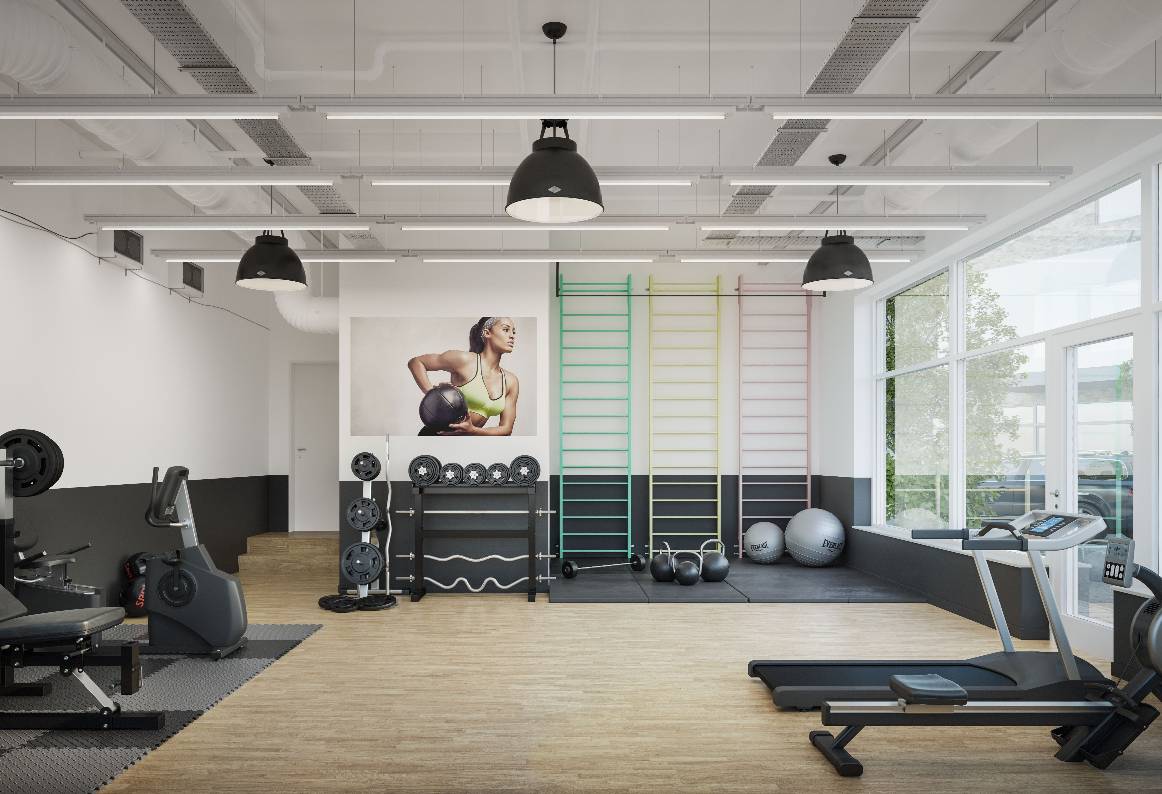 Exklusiv och välutrustad träningsanläggning I Väsby Terrass kan de boende utnyttja bostadsrättsföreningens egna toppmoderna gym.