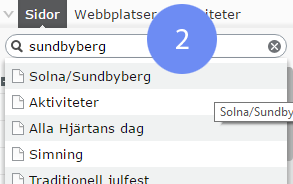 I redigeringsläget klickar du i sökrutan (1) och skriver namnet på din förening.