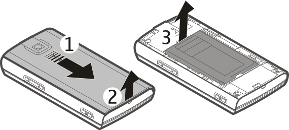 8 Komma i gång Sätta i SIM-kortet och batteriet Obs: Stäng av telefonen och ta bort laddaren och andra enheter innan du avlägsnar skalen.