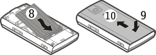 Komma i gång 9 3 Justera in batteriets kontakter och sätt i batteriet. Sätt tillbaka telefonens bakstycke.