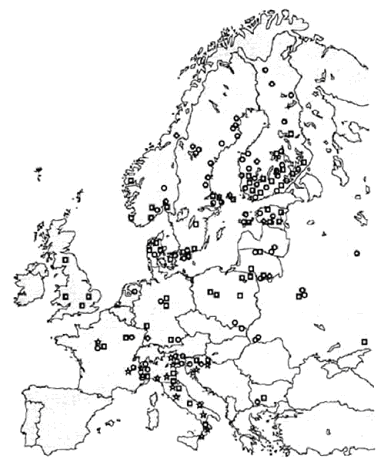 Figur 3. Rottickans utbredning i Europa med dess olika intersterilitetsgrupper (arter) där = S-formen, = P-formen, och «= F-formen. Kartan är baserad på observationer av Stenlid, 1987; Piri et al.