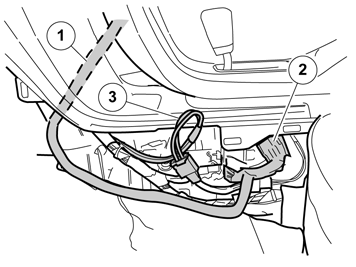 8 Gäller vänsterstyrd bil För in den långa fiberledningen (1) framför luftkanalen och tvärs genom mittkonsolen.