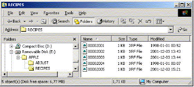 4.6 STRUKTUR PÅ RECEPTFILER PÅ PCMCIA- MINNESKORT All information om recepten lagras på PCMCIA-kortet som också applikationen ligger på. Kopiering från PCMCIA-kort kan ske.