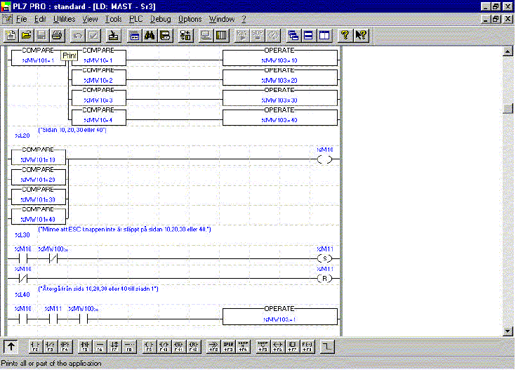 Dialogtabellen ska innehålla: Image of system keys Number of displayed page Number of page to be processed (%MW100 i exemplet nedan) och ESC knappen är %MW100:X9 (%MW101 i exemplet nedan) (%MW103 i