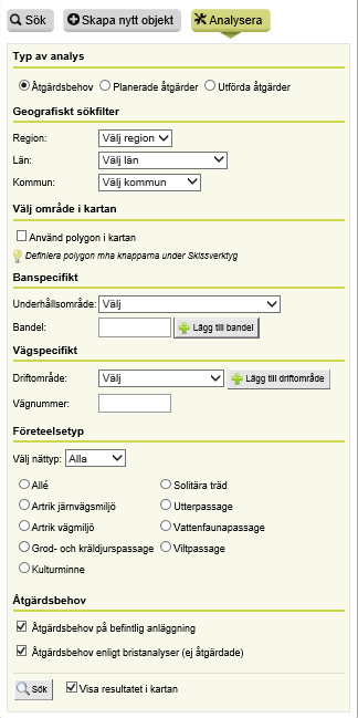 MANUAL 27 (29) Figur 10. Översikt över sökformuläret för att analysera objekt i Miljöwebb Landskap.