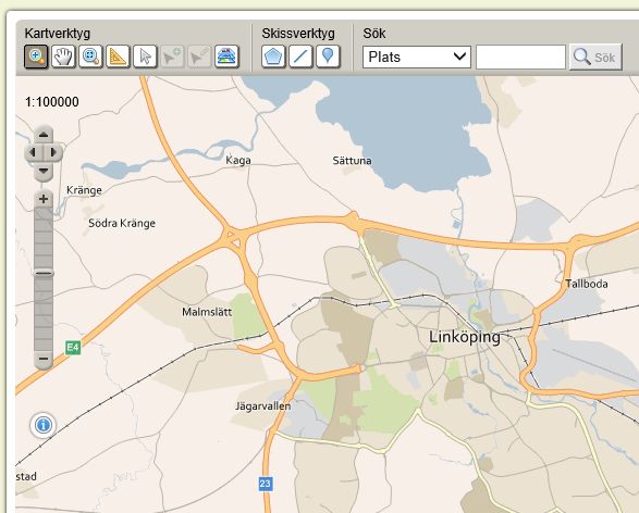MANUAL 6 (29) 6.1 Kartan och verktygen Figur 3. Utdrag ur kartvyn med kartverktyg, skissverktyg och sökfunktion.