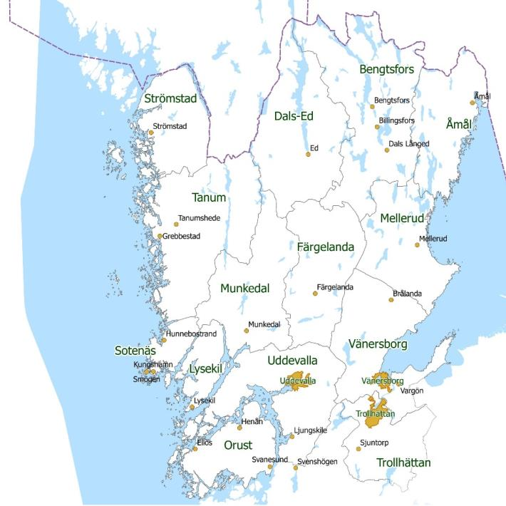 7 2. Demografi och geografi - En åldrande befolkning Fyrbodal är den mest glesbefolkade delregionen i Västra Götaland med långa avstånd mellan delregionens hörn. Delregionen är indelad i 3-4 delar.