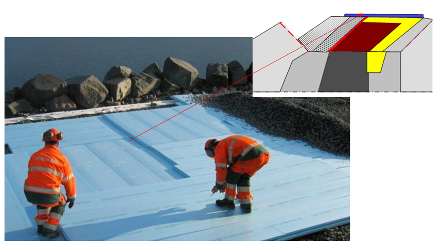 Vägledning för dimensionering av isolering med skumglas framgår av referens [2.5-3]. I några fall har tätningen utförts med geomembran som omgetts av geotextiler, se Figur 2.