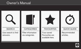 01 Introduktion 01 Digital ägarmanual i bil Ägarmanualen kan läsas på bildskärmen i bilen 2. Innehållet är sökbart och det är enkelt att navigera mellan olika avsnitt.