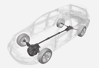 08 Start och körning Fyrhjulsdrift 8 (AWD)* Fyrhjulsdrift (AWD All Wheel Drive) innebär att bilen drivs av alla fyra hjulen. Fyrhjulsdriften är alltid inkopplad. AWD-princip 9.