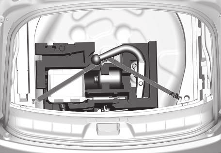 329) Provisorisk däcktätningssats* placering Den provisoriska däcktätningssatsen, Temporary Mobility Kit (TMK), används till att täta en punktering samt till att kontrollera och justera lufttrycket.