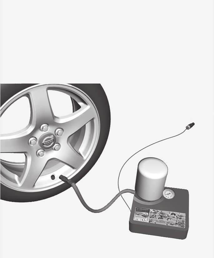 09 Hjul och däck 09 Provisorisk däcktätning* handhavande Täta en punktering med den provisoriska däcktätningssatsen, Temporary Mobility Kit (TMK). Provisorisk däcktätning 1.