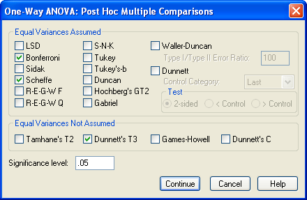 Analyze Compare means one-way ANOVA Post-hoc test Multiple Comparisons Dependent Variable: testscor Scheffe Bonferroni (I) grupp A B 3 C A B 3 C (J) grupp B 3 C A 3 C A B B 3 C A 3 C A B Based on